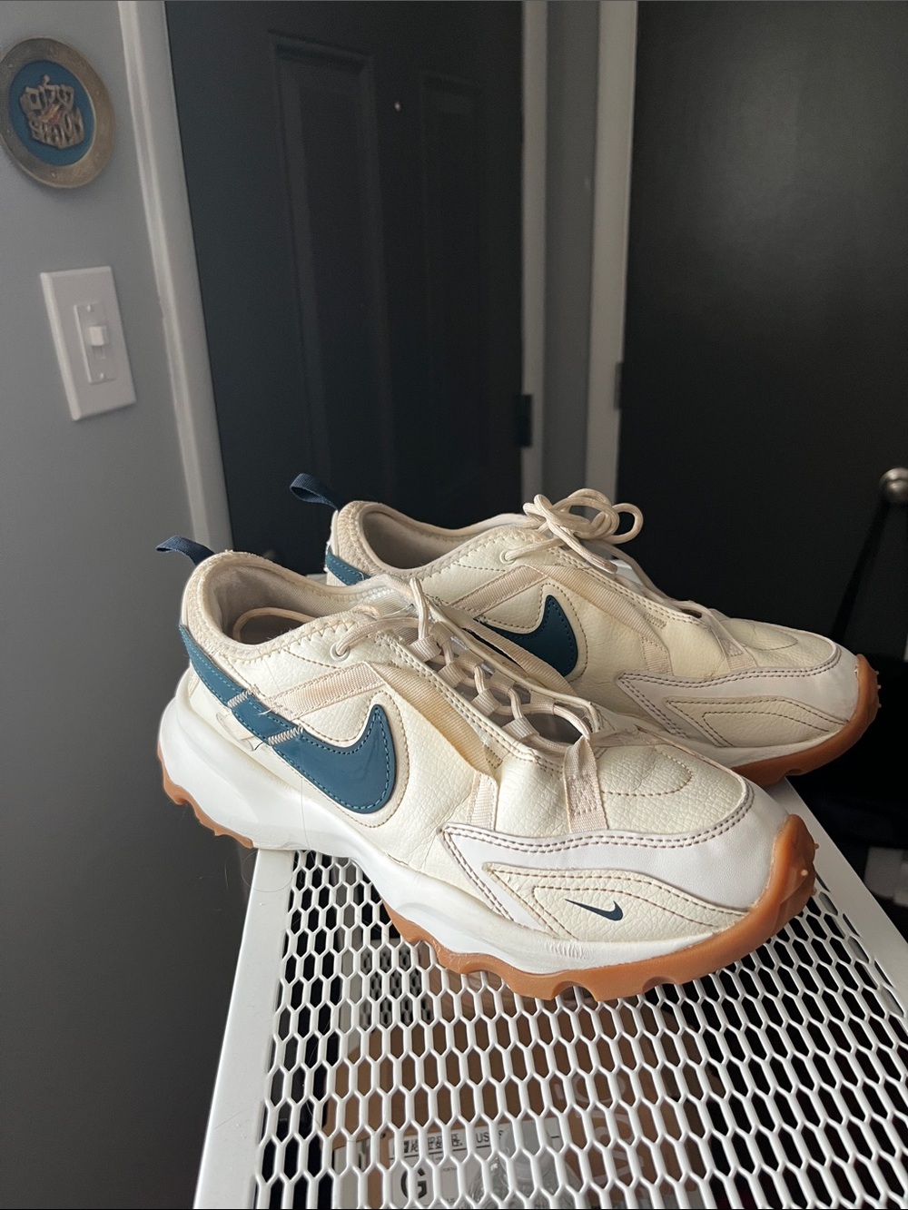 Nike Women's Cream Sneakers with Blue Swoosh and Gum Sole